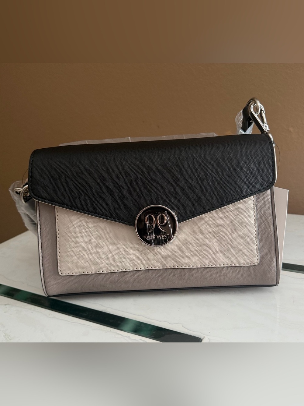 Nine West Black and Cream Panel Crossbody with Silver Logo